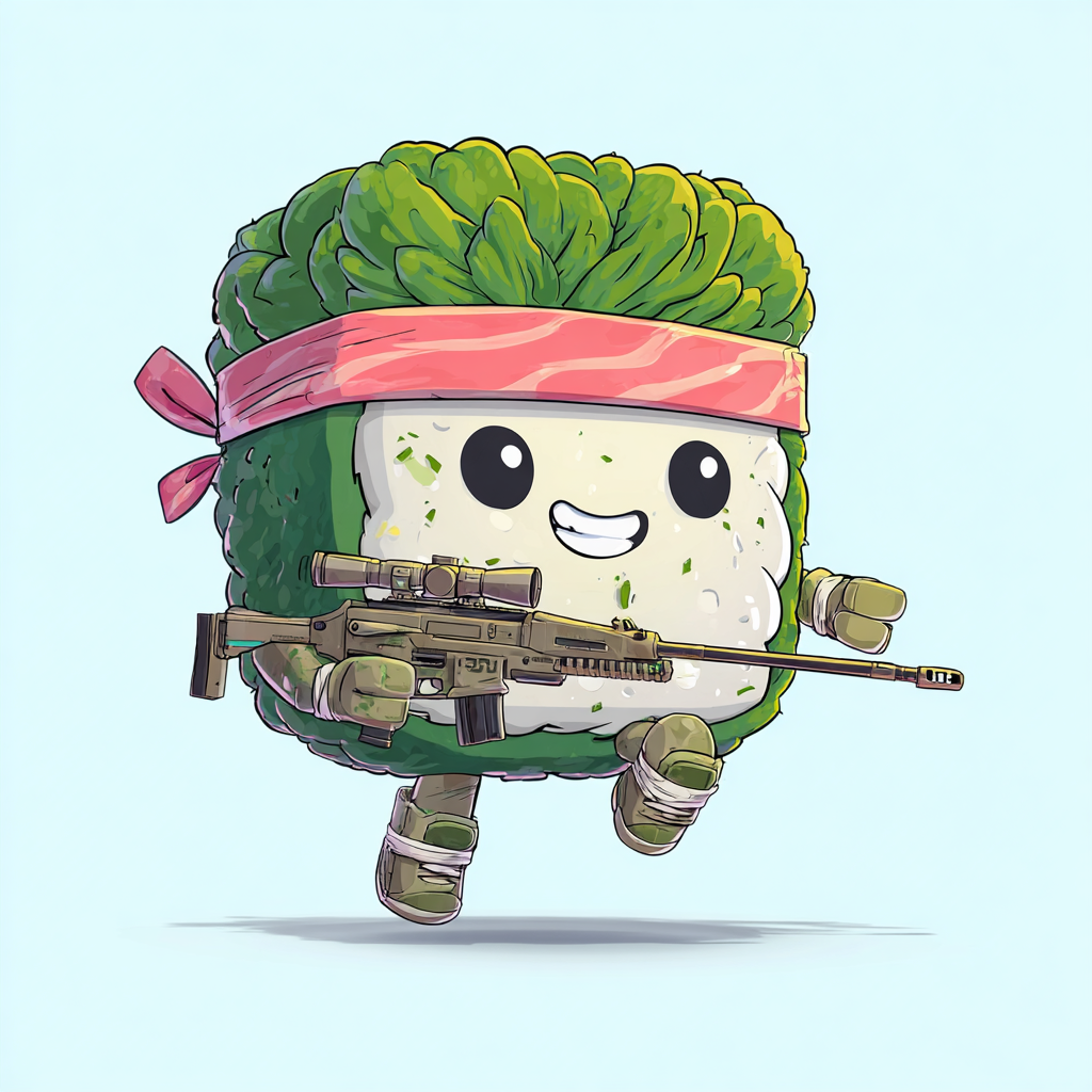 SUSHI SNIPER sushi roll mascot with seaweed headband